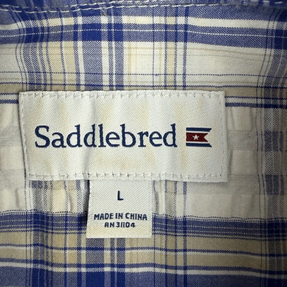 Saddlebred Button Down Shirt‎ Mens L Blue Plaid Seersucker Texture Short Sleeve